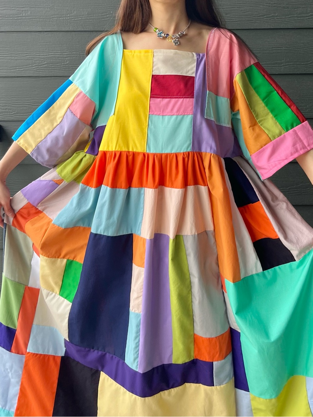 Handmade Quilted Patchwork Colorblock Dress SKU 07144